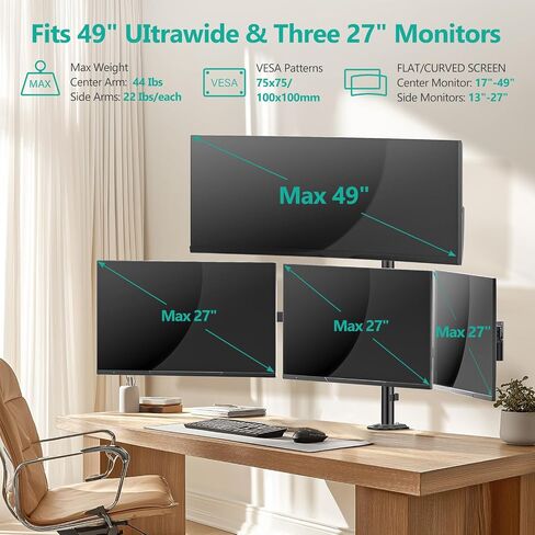 Wali Quad Monitor Mount لما يصل إلى 49 بوصة فائقة على شاشات أعلى وشاشات 27 بوصة على أقواس أقل ، وقصة شاشة طويلة طويلة ، وذراع الشاشات الثقيلة تصل إلى 44 رطلاً (M004S-P) ، الأسود in Kuwait