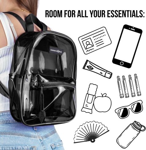Kandies World Premium Clear Festival Backpack – Stylish Transparent Bag – Stadium Approved – Lightweight & Durable – 12"x10.5" (Black) in Kuwait