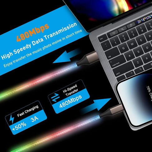 USB C Charger Cable Colors Changing Light up USB A to USB C Cable for iPhone 15/15Pro/ 15Plus/15ProMax MacBook Pro 2020, Pad Pro 2020,Samsung S23+/S23 Ultra (Multicolored, 3FT) in Kuwait