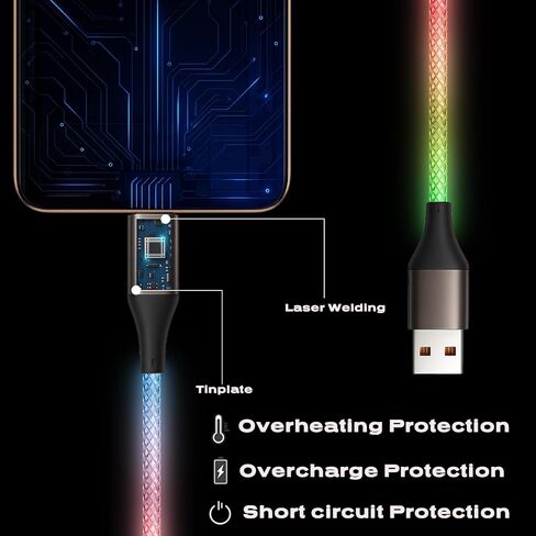 USB C Charger Cable Colors Changing Light up USB A to USB C Cable for iPhone 15/15Pro/ 15Plus/15ProMax MacBook Pro 2020, Pad Pro 2020,Samsung S23+/S23 Ultra (Multicolored, 3FT) in Kuwait