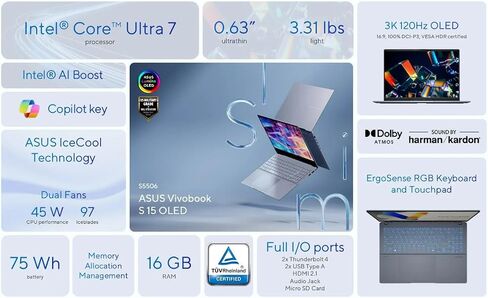 ASUS Vivobook S 15.6" 3K OLED 120Hz Copilot+ AI Laptop, Intel Core Ultra 7-155H Evo, Wi-Fi 6E, FHD Webcam, Thunderbolt 4, win11, w/Mouse (16GB RAM | 2TB SSD) in Saudi Arabia