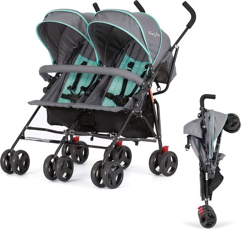 Dream On Me Volgo Twin Baby Stroller, Compact Side-by-Side Double Umbrella Stroller, 5-Point Safety Harness, Adjustable Canopy, Storage Basket & Travel-Friendly Fold, Black in Saudi Arabia