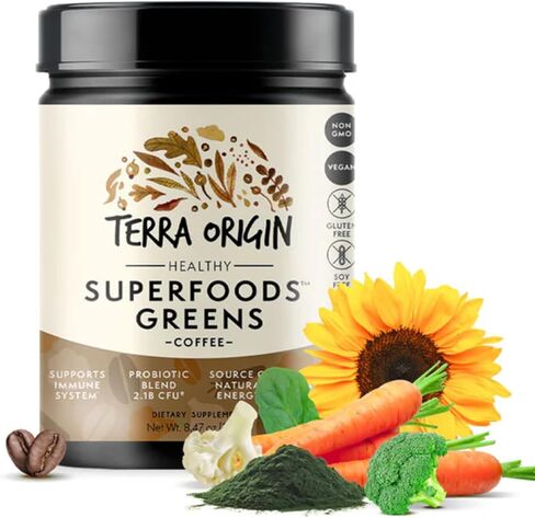 Greens Powder Immune Defense and Digestive Support | Probiotics, Organic Vegetables, Digestive Enzymes | Non-GMO, Gluten-Free, Vegan | Three 30 Serving tubs | Coffee Flavor in Kuwait