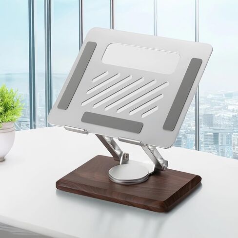 Desk Mount for Laptops, Height Adjustable, with 360° Rotating Base, Ventilated Design for Cooling, Foldable Wooden Laptop Stand with Aluminum Alloy Panel in Saudi Arabia