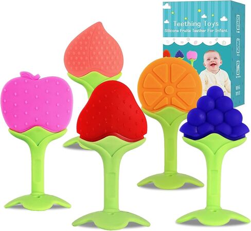 5 PCS Baby Teething Toys, Bagvhandbagro Soft Fruit Teething Toys for Babies 0-6 Months 6-12 Months, Silicone Baby Teethers Stick Freezer Safe for Infants and Toddlers in Kuwait