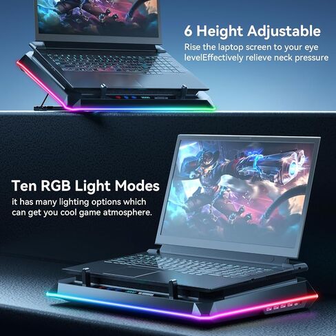 KYOLLY 2024 Upgarde Metal RGB Laptop Cooling Pad Gaming Laptop Cooler with 2 Large Fans, Adjustable Fan Speed, 7 Height Stand, 10 Modes Light with Memory Function for 10-17.3 Inch Laptops… in Saudi Arabia