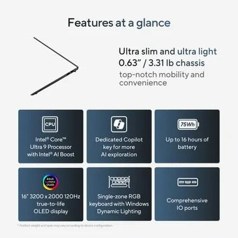 ASUS 2025 Laptop | Vivobook S | 16" 2880x1800 OLED 120Hz | Intel-16 Core Ultra 9 285H | 16GB LPDDR5 | 1TB SSD | Windows 11 Pro | Wi-Fi 7 - BT 5.4 - RGB Backlit KB - Face Recognition Camera - Black in Saudi Arabia