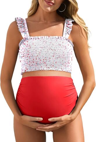 Summer Mae Maternity High Waist Bikini Swimsuit Two Piece Ruffled Hem Cute Bathing Suit Floral Pregnancy Swimwear in Kuwait