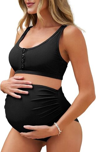Summer Mae Maternity Ribbed High Waist Swimsuit Crop Top Bikini Bathing Suit High Cut Two Piece Pregnancy Swimwear in Kuwait