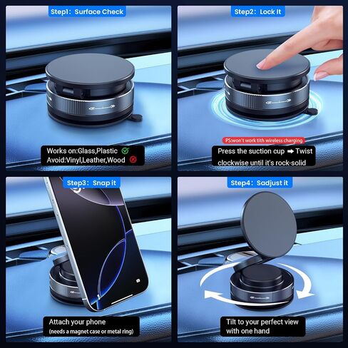 Upgraded Nano Gel Magnetic Car Phone Holder with Vacuum Suction Cup and Foldable Design for Car, Bathroom, Yoga Wall Mount, Kitchen Stand, Compatible with MagSafe and All Smartphones in Kuwait
