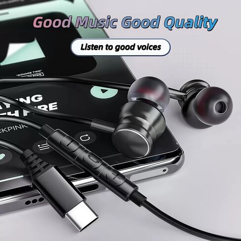 سماعات الأذن من النوع C لـ iPhone 16/15 Pro Max ، سماعات USB C سلكية مع ستيريو عزل ضوضاء الميكروفون لجهاز Galaxy S25 S24 S23 Pixel 9 8a (Black Dark) in Kuwait