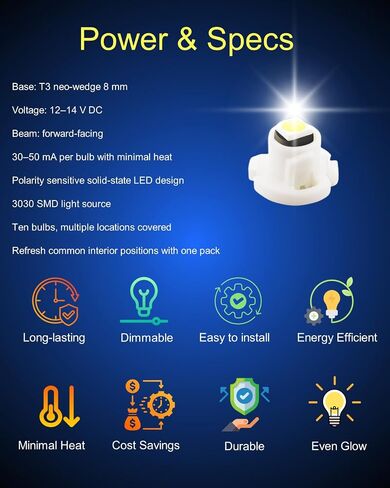 WLJH 10x White T3 Neo Wedge Led 3030 SMD Chip 8mm Base Car Dash Instrument على مدار الساعة ضوء فحص المحرك ناقل الحركة HVAC AC سخان التحكم في المناخ مصابيح التبديل إشارة استبدال لمبة in Kuwait