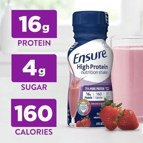 Ensure High Protein Nutritional Shake, 16g Protein, Meal Replacement Shakes, With Nutrients to Support Immune System Health, Strawberry, 8 Fl Oz (Pack of 24) in Kuwait
