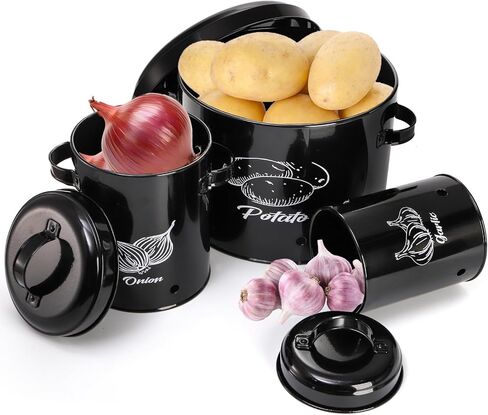 Frcctre Set of 3 Potato and Onion Storage Canisters, Potato, Onion, Garlic Kitchen Storage Bin With Lids, Metal Vegetable Keeper Storage Bins Set with Aerating Holes for Pantry Organization in Kuwait