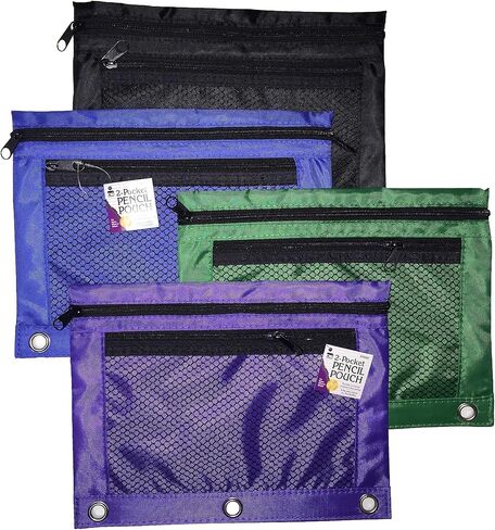 Charles Leonard Pencil Pouch for Binder with 2 Pockets, Front Mesh Pocket, Assorted Colors,Green in Kuwait