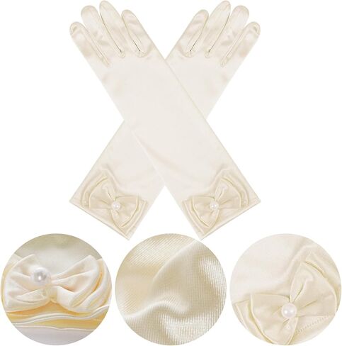 Yolyoo Girls Princess Gloves,Girl White Long Satin Princess Dress Up Diamonds Bows Gloves for Birthday,Wedding, Costume Party in Kuwait