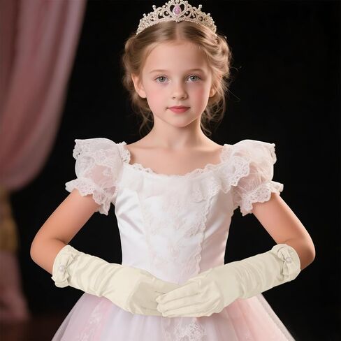 Yolyoo Girls Princess Gloves,Girl White Long Satin Princess Dress Up Diamonds Bows Gloves for Birthday,Wedding, Costume Party in Kuwait