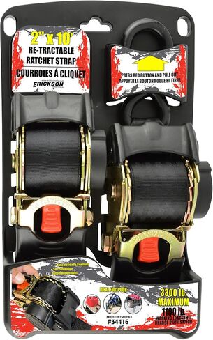 Erickson 34415 Pro Series Black Retractable Ratcheting Tie-Down Strap (Pack of 2, 1" x 10') in Kuwait