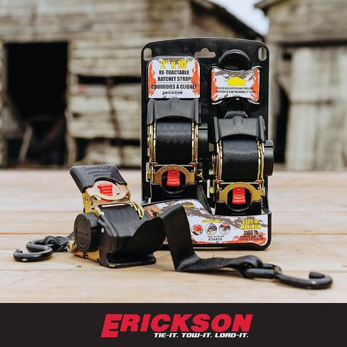 Erickson 34415 Pro Series Black Retractable Ratcheting Tie-Down Strap (Pack of 2, 1" x 10') in Kuwait
