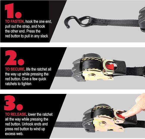 Erickson 34415 Pro Series Black Retractable Ratcheting Tie-Down Strap (Pack of 2, 1" x 10') in Kuwait