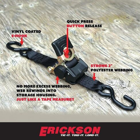 Erickson 34415 Pro Series Black Retractable Ratcheting Tie-Down Strap (Pack of 2, 1" x 10') in Kuwait
