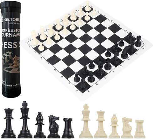 GETORIUM Tournament Chess Set, Portable and Professional Set with Travel Portable Plastic Tube Roll. Plastic Staunton Chess Pieces, Foldable Vinyl Chess Board. (Green, 19X19IN) in Saudi Arabia