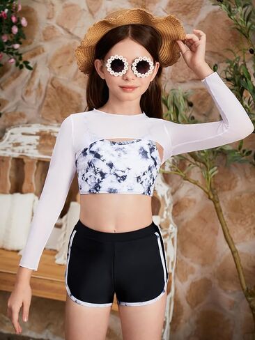 Verdusa Girl's 3 Piece Tie Dye Swimwear Bathing Suit Swimsuits Bikini and Shorts with Cover Up in Kuwait