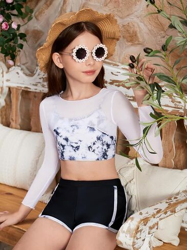 Verdusa Girl's 3 Piece Tie Dye Swimwear Bathing Suit Swimsuits Bikini and Shorts with Cover Up in Kuwait