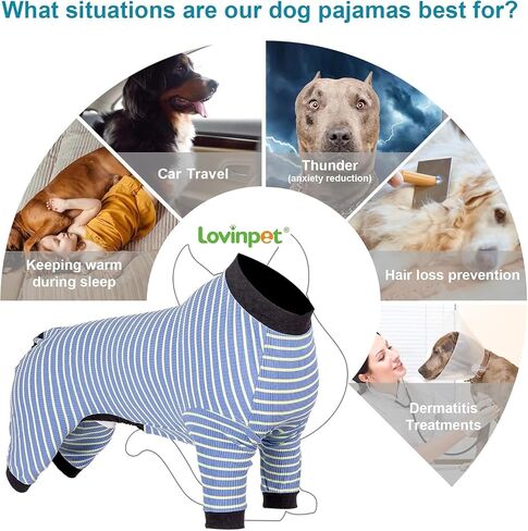 ملابس LovinPet Dog PJS للكلاب العملاقة - قميص للكلاب مخطط باللونين الأزرق والأصفر، تصميم بأربعة أرجل، تغطية كاملة للجسم، للكلاب الكبيرة، سلالات الكلاب الكبيرة، مقاس كبير in Saudi Arabia