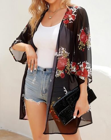 Women's Floral Print Puff Sleeve Kimono Cardigan Loose Cover Up Casual Blouse Tops in Kuwait