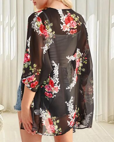 Women's Floral Print Puff Sleeve Kimono Cardigan Loose Cover Up Casual Blouse Tops in Kuwait
