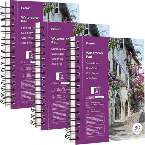 Funto Watercolor Pad 5.5x8.5, 30 Sheets, 140lb/300gsm, Double-Sided Cold Press, Spiral Bound, Heavyweight Paper for Watercolor Painting in Saudi Arabia