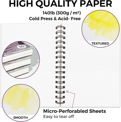 Funto Watercolor Pad 5.5x8.5, 30 Sheets, 140lb/300gsm, Double-Sided Cold Press, Spiral Bound, Heavyweight Paper for Watercolor Painting in Saudi Arabia
