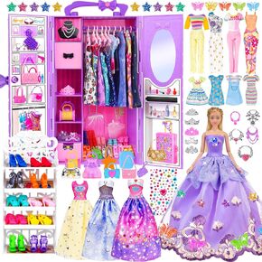 92pcs 11.5 inch Girl Doll with Clothes Accessories and Closet Set Including Long Princess Dress Outfits Shoes Handbags Necklaces DIY Bead Stickers for Design Kit Girl Doll Dress Up (Include Doll) in Kuwait
