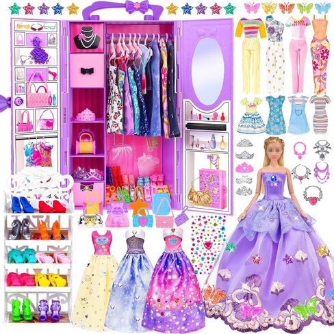 92pcs 11.5 inch Girl Doll with Clothes Accessories and Closet Set Including Long Princess Dress Outfits Shoes Handbags Necklaces DIY Bead Stickers for Design Kit Girl Doll Dress Up (Include Doll) in Kuwait