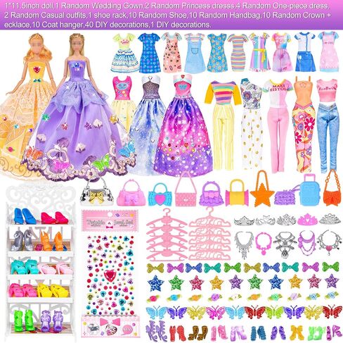 92pcs 11.5 inch Girl Doll with Clothes Accessories and Closet Set Including Long Princess Dress Outfits Shoes Handbags Necklaces DIY Bead Stickers for Design Kit Girl Doll Dress Up (Include Doll) in Kuwait