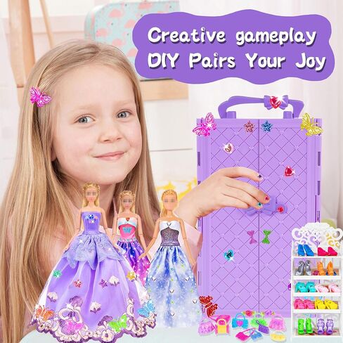 92pcs 11.5 inch Girl Doll with Clothes Accessories and Closet Set Including Long Princess Dress Outfits Shoes Handbags Necklaces DIY Bead Stickers for Design Kit Girl Doll Dress Up (Include Doll) in Kuwait