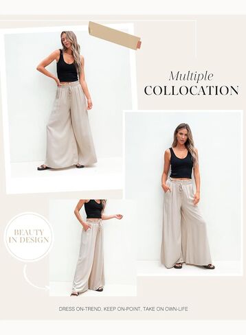 Dokotoo Pants for Women Casual Elastic Waist Wide Leg Pants with Pockets in Kuwait