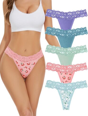voenxe Seamless Lace Thongs for Women No Show Thong Underwear,Lady Breathable Comfort Panty Soft Laser Cut Undie,Tanga,5-Pack in Kuwait