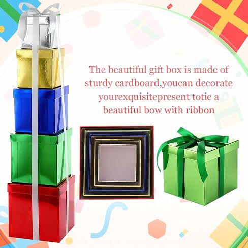 صندوق هدايا عيد الميلاد 5 قطع من Cholemy مع غطاء وشريط، 5 مقاسات مختلطة مربعة متداخلة لبطاقة تذكار الزفاف، صندوق هدايا، صناديق التعشيش، صندوق هدايا، صناديق تغليف هدايا لعيد ميلاد وصيفة العروس (أزرق) in Kuwait