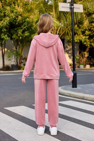 Arshiner 2 Piece Outfits for Girls Velour Tracksuit Hoodie and Jogger Set Sweatsuit Athletic Clothes Sets in Kuwait