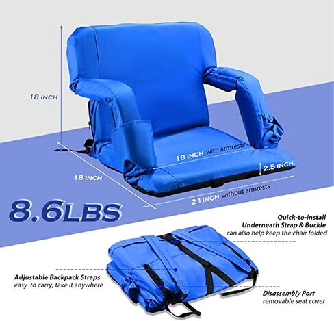 Stadium Seats for Bleachers with Back Support and Thick Padded Cushion,24" Extra Wide Portable Reclining Folding Chair with Optional Arms, 4 Pockets and Shoulder Straps,Big Size,Black,2PCS in Kuwait