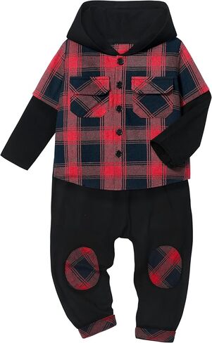 DONWEN Toddler Baby Boy Clothes Plaid Long Sleeve Patchwork Hoodie Top + Pants 2pcs Fall Winter Outfits Set in Kuwait