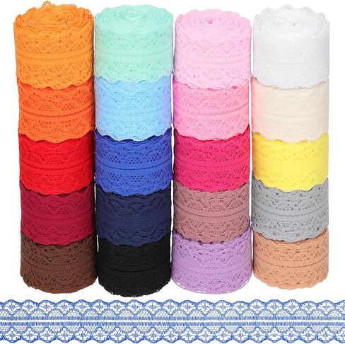 شريط دانتيل Mardatt 20 لفة بطول 200 ياردة، مجموعة شريط دانتيل من القماش بنمط الأزهار بعرض 0.8 بوصة، مجموعة شريط من القماش من القماش الملون المختلط لتغليف الهدايا وديكورات الزفاف (20 لونًا) in Kuwait