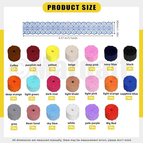 شريط دانتيل Mardatt 20 لفة بطول 200 ياردة، مجموعة شريط دانتيل من القماش بنمط الأزهار بعرض 0.8 بوصة، مجموعة شريط من القماش من القماش الملون المختلط لتغليف الهدايا وديكورات الزفاف (20 لونًا) in Kuwait