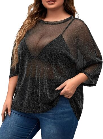 MakeMeChic Women's Plus Size Glitter Sheer Mesh Short Sleeve Tee Shirt Top in Kuwait