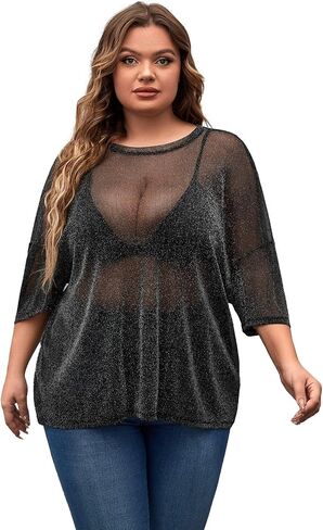 MakeMeChic Women's Plus Size Glitter Sheer Mesh Short Sleeve Tee Shirt Top in Kuwait