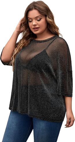 MakeMeChic Women's Plus Size Glitter Sheer Mesh Short Sleeve Tee Shirt Top in Kuwait