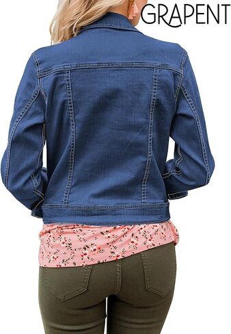 GRAPENT Women's Basic Button Down Long Sleeve Stretchy Jean Trucker Denim Jacket in Kuwait