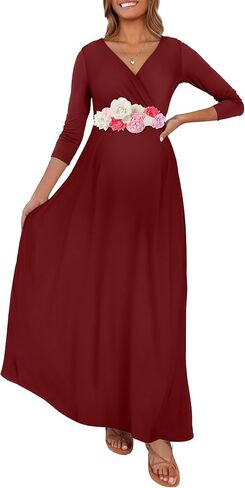 KIM S Maternity Maxi Dress for Baby Shower and Photoshoot | V neck, Empire waist, Flowy A line fit, Sizes S-3XL in Saudi Arabia